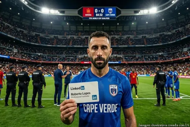Futbolista reclutado por LinkedIn, Roberto Lopes, celebrando con la camiseta de Cabo Verde durante el partido contra España en el Mundial 2026, con el estadio lleno de fondo.