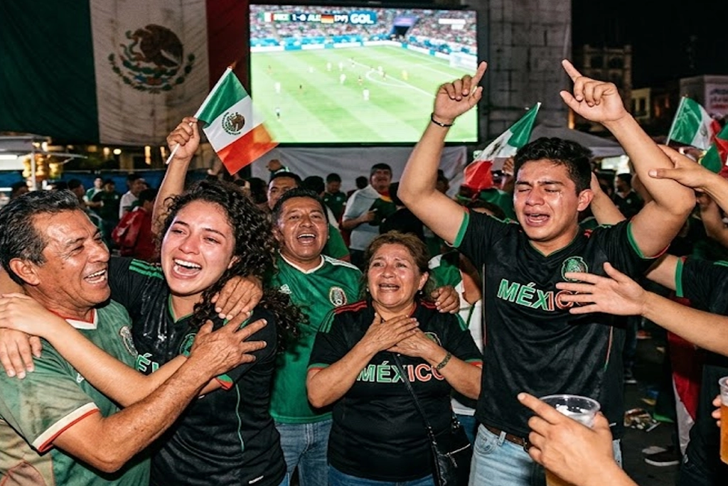 Aficionados mexicanos celebrando un gol durante el Mundial 2026, con rostros de euforia y abrazos colectivos, representando el efecto emocional del Mundial en el estado de ánimo de la multitud.