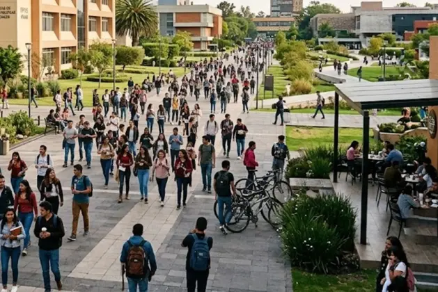 campus universitario mexicano vibrante y concurrido, con estudiantes diversos caminando entre edificios académicos modernos, áreas verdes y espacios de convivencia.
