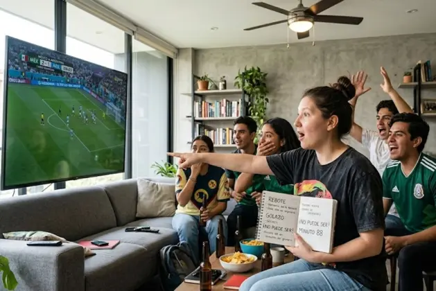 grupo de jóvenes entre 18 y 28 años, viendo un partido de fútbol en una pantalla grande en una sala de estar moderna, con expresiones de emoción y sorpresa.
