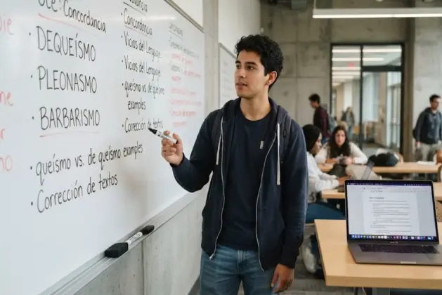 Estudiante universitario señalando ejemplos de vicios del lenguaje en una pizarra, mientras revisa apuntes en su laptop.