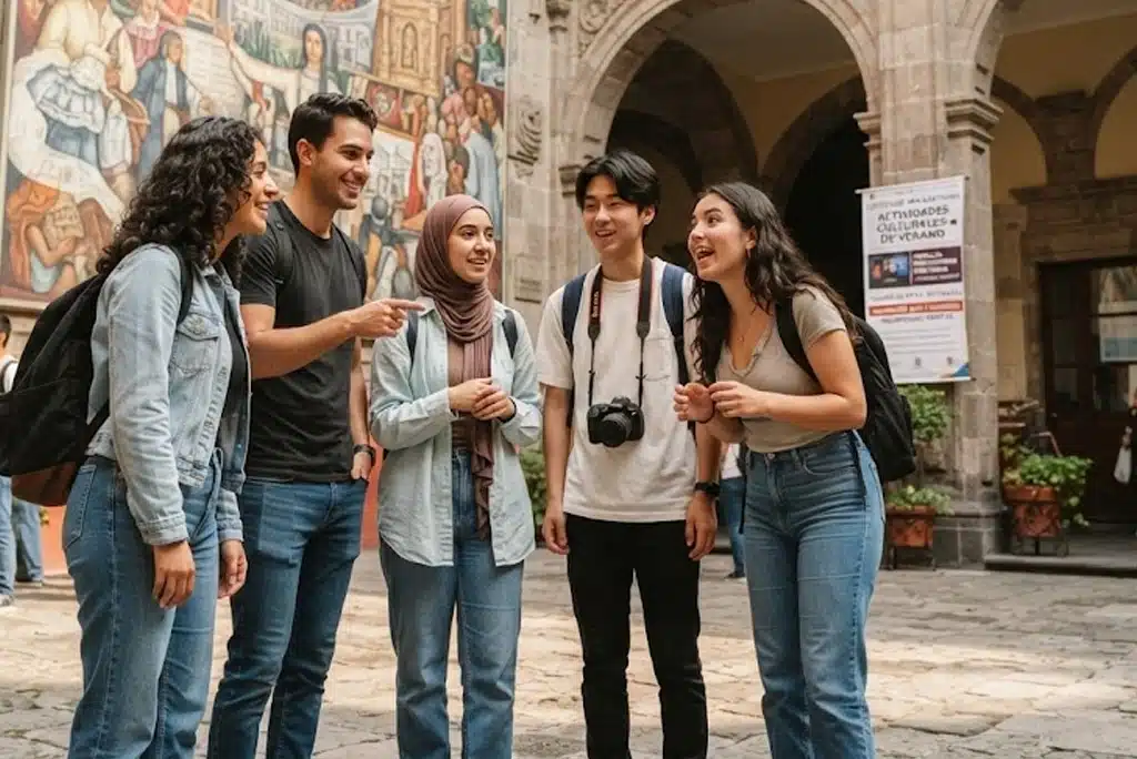 Jóvenes estudiantes disfrutando de las diversas actividades de verano UNAM, como exposiciones de arte y ciclos de cine en las instalaciones de la Universidad.