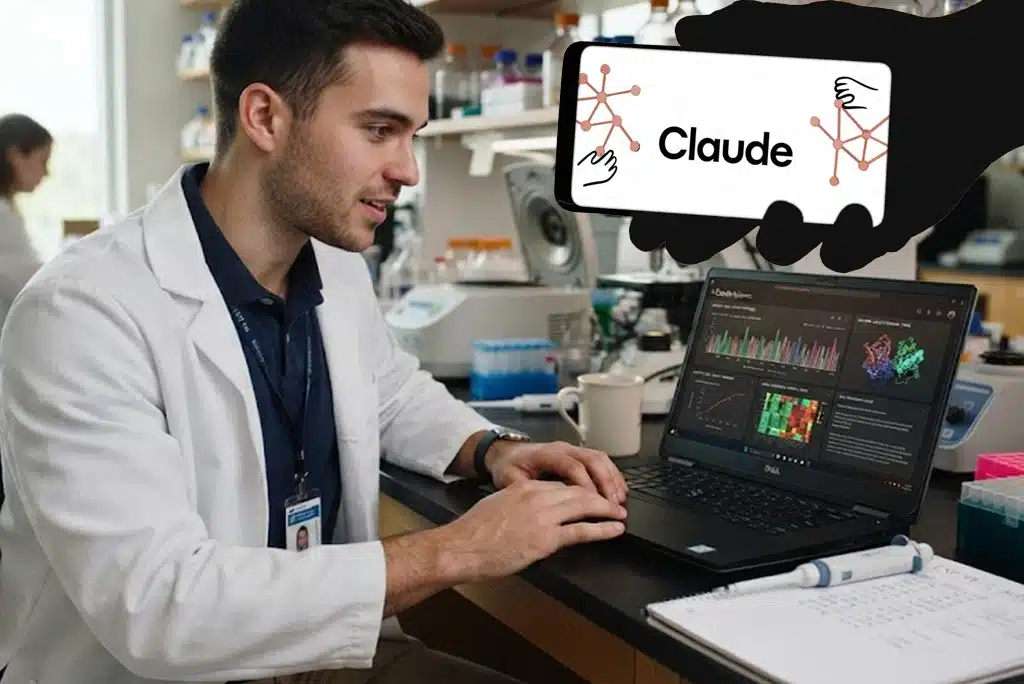 Investigador joven utilizando Claude Science, la nueva IA para investigación de Anthropic, en un laboratorio moderno con pantallas mostrando datos genéticos y estructuras moleculares