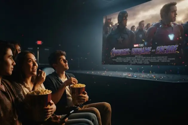 jóvenes en la sala de un cine comiendo palomitas, en el fondo viendo en la pantalla la película e "Avengers: Endgame – Encore