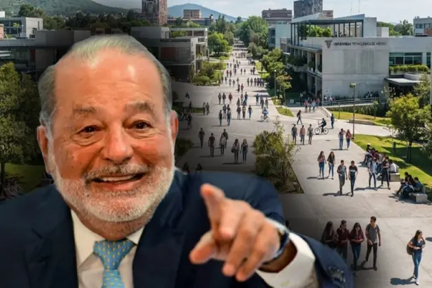 Edificio universitario moderno en Ciudad de México que forma parte del portafolio de Inmuebles Carso, propiedad de Carlos Slim, con estudiantes entrando y saliendo del campus