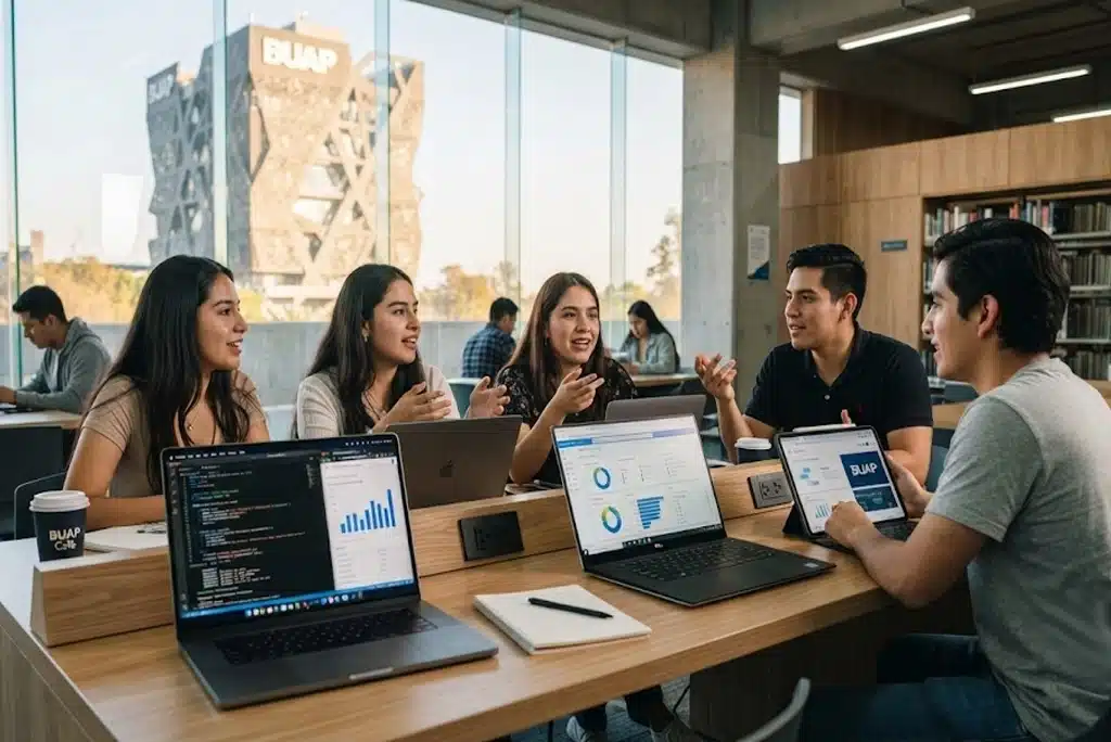 Estudiantes jóvenes de la BUAP utilizando laptops y tabletas, revisando la plataforma de la beca BUAP de Inteligencia Artificial con certificación de Google y Microsoft en un moderno campus universitario