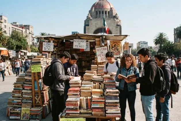 Personas jóvenes hojeando libros en el remate de libros en CDMX en el Monumento a la Revolución, con pilas de ejemplares y ambiente festivo.