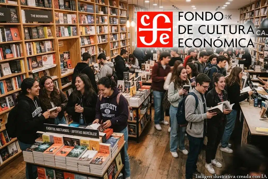Jóvenes estudiantes y lectores formados en una larga fila afuera de la Librería Rosario Castellanos durante la Venta Nocturna FCE, cargando bolsas con libros y sonriendo emocionados.