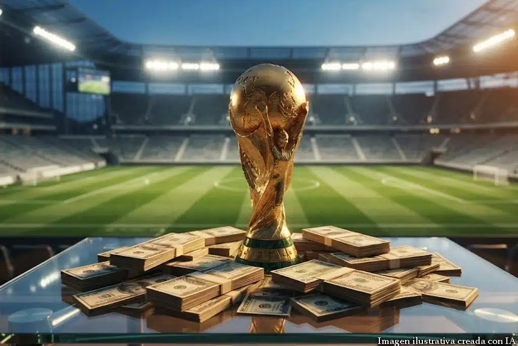 Imagen de portada que muestra el trofeo de la Copa del Mundo rodeado de billetes de dólar, representando el premio Mundial 2026 y la millonaria bolsa que repartirá la FIFA entre las selecciones participantes.