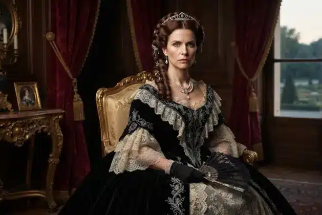 Retrato realista de la emperatriz Carlota de México con un vestido de gala de la época del Segundo Imperio, mirando fijamente a la cámara con una expresión seria y segura.