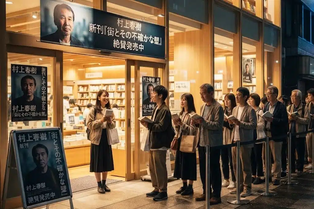 Fila de personas jóvenes y adultas en una librería japonesa esperando la salida del nuevo libro de Haruki Murakami "La historia de Kaho" en su lanzamiento.