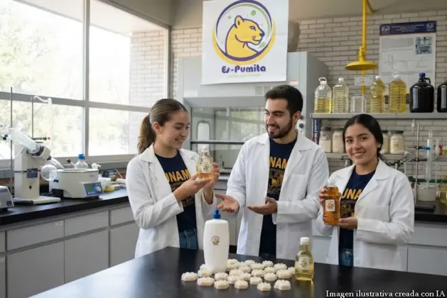 Grupo de estudiantes e investigadores de la UNAM sosteniendo botellas de Es-Pumita, el jabón biodegradable elaborado con aceite de cocina reciclado en los laboratorios de la FES Zaragoza