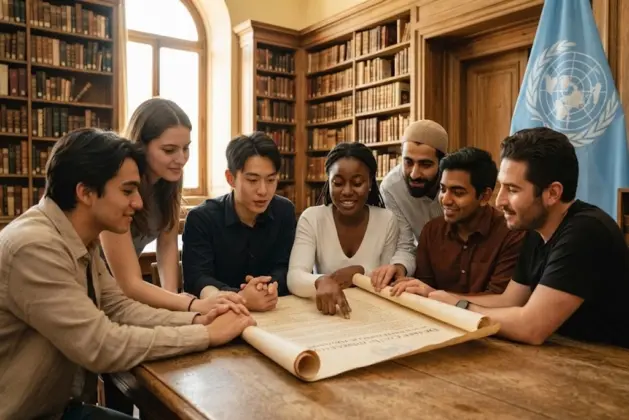 Grupo diverso de jóvenes estudiantes universitarios leyendo un documento histórico que representa la Declaración Universal de los Derechos Humanos en una biblioteca moderna con luz natural.