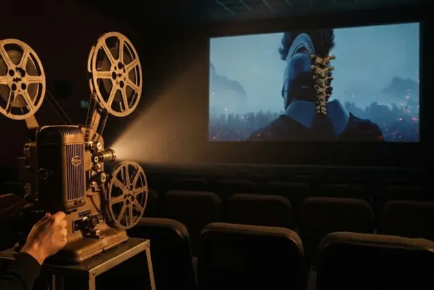 Proyector de cine antiguo mostrando un rollo de película en 35 mm y digital en la pantalla de una sala de cine oscura con butacas vacías y luz del proyector iluminando el ambiente