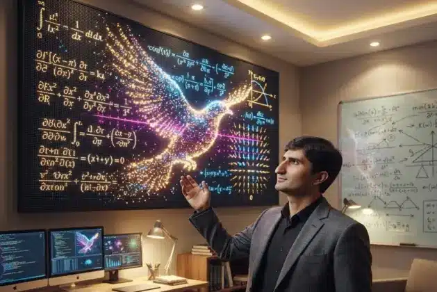 Retrato de Hamid Naderi Yeganeh frente a una pantalla que muestra ecuaciones y una imagen de un pájaro formado por puntos, representando la fusión entre matemáticas y arte en su proceso creativo.
