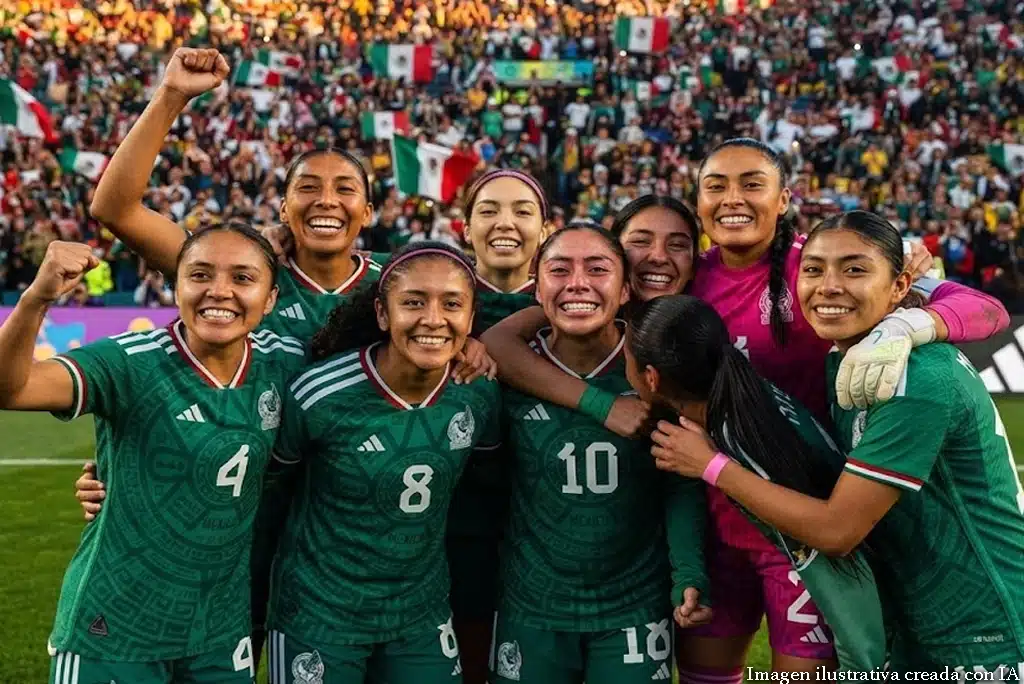 Futbolistas mexicanas del Mundial Femenil celebrando su clasificación en el estadio, con banderas mexicanas y afición al fondo.