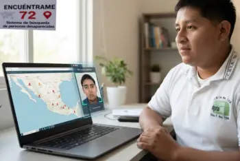 Joven mexicano utilizando una laptop con una interfaz de sistema de búsqueda de personas desaparecidas en tiempo real.