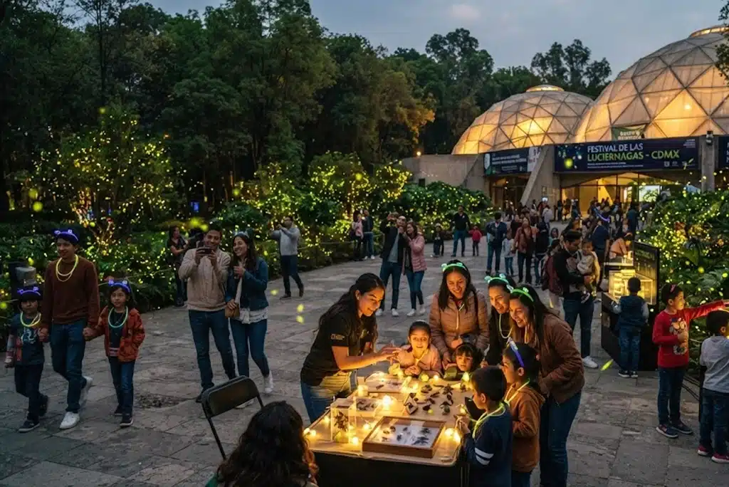 Grupo de personas asistiendo al Festival de las Luciérnagas en el Museo de Historia Natural de la CDMX, rodeados de luces bioluminiscentes y exhibiciones interactivas sobre insectos.