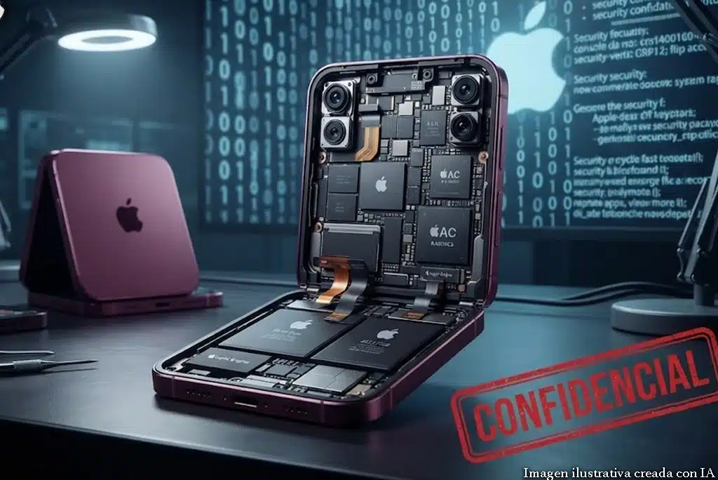 Filtración iPhone 18: Imagen realista de un prototipo gris del iPhone 18 Pro con su placa lógica expuesta y sellos de confidencialidad