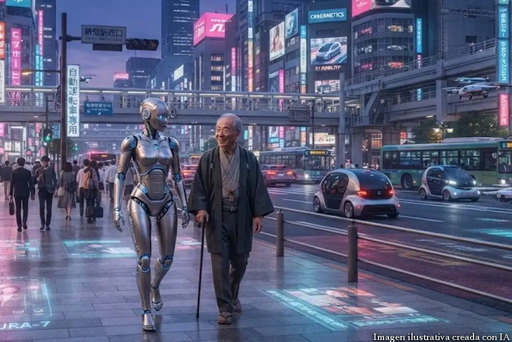 Fotografía de un robot humanoide avanzado caminando por una calle moderna de Tokio, interactuando con personas mayores, representando la tecnología japonesa del futuro para 2040.