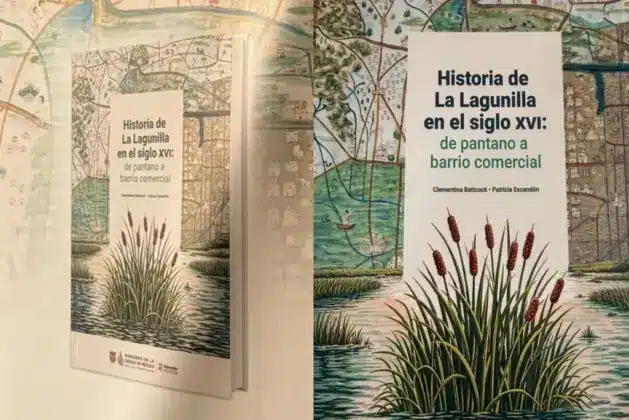 Libro gratuito sobre la historia de La Lagunilla en el siglo XVI, con portada que muestra una ilustración del barrio en la época colonial, disponible en formato físico y digital.