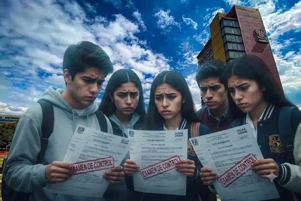 Examen de control UNAMl presencial con aspirantes jóvenes realizando la prueba en un auditorio de Ciudad Universitaria