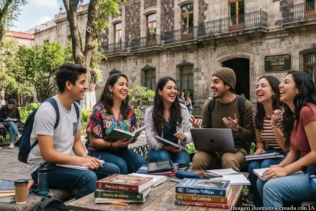 Estudiantes celebrando su ingreso a las licenciaturas y maestrías gratis del INEHRM en el Centro Histórico de la CDMX.