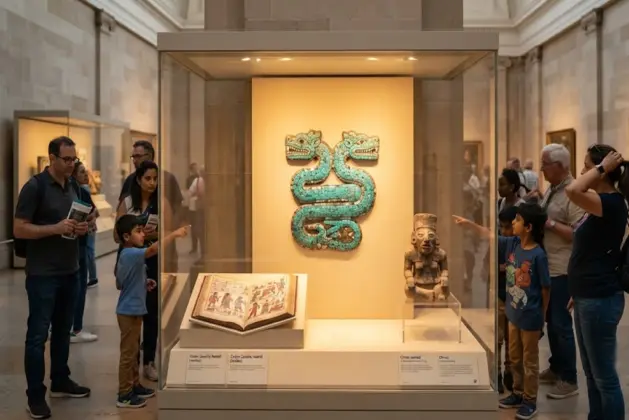 Fotografía del Museo Británico en Londres mostrando una vitrina con piezas arqueológicas de México en Inglaterra.