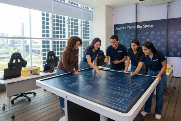 Grupo de estudiantes universitarios entusiastas interactuando con robots y pantallas táctiles en el moderno AWS Think Big Space de Amazon en Querétaro, mostrando su enfoque en el aprendizaje colaborativo y la tecnología de vanguardia.