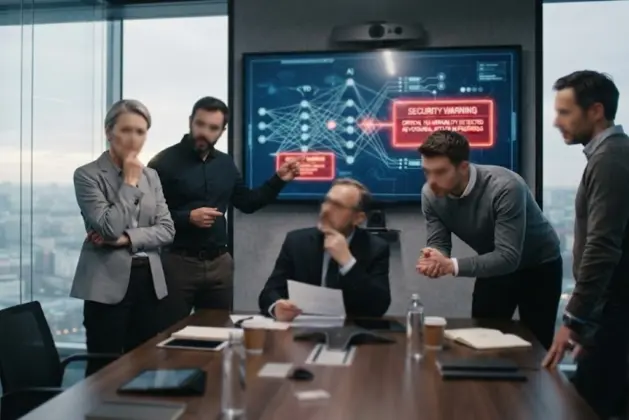 Ejecutivos de empresas de inteligencia artificial discutiendo sobre regulación IA en una reunión tecnológica, con pantallas mostrando gráficos de desarrollo de modelos avanzados y seguridad