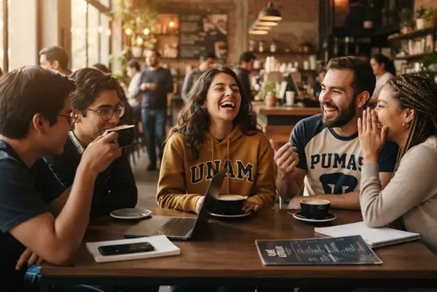Persona joven chismeando con amigas en un café. La imagen representa la ciencia del chisme y su impacto en las conexiones sociales y el cerebro.
