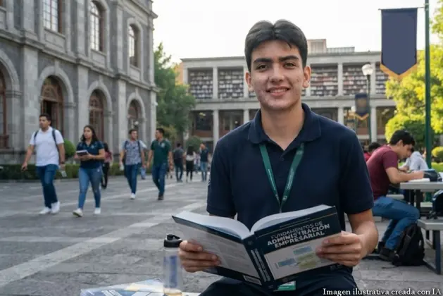 Gilberto Mora, joven futbolista mexicano, posa con un libro, representando su carrera universitaria en Administración de Empresas