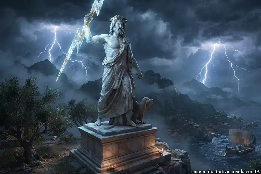 Primer plano realista de una estatua de Zeus en el Olimpo, con rayos y nubes tormentosas de fondo, representando la autoridad divina y la ley Zeus que rige el destino de los mortales en La Odisea.