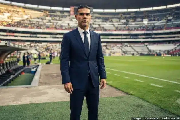 Rafa Márquez director técnico de la Selección Mexicana posa con gesto serio vistiendo traje y corbata en el banquillo del Estadio Azteca, con el escudo del Tri visible al fondo.