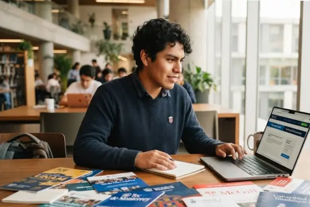 Joven universitario sentado frente a una laptop revisando opciones de universidades, con una expresión de determinación, rodeado de folletos informativos y una taza de café, en un ambiente moderno y luminoso.