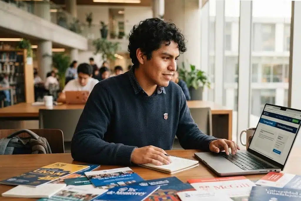 Joven universitario sentado frente a una laptop revisando opciones de universidades, con una expresión de determinación, rodeado de folletos informativos y una taza de café, en un ambiente moderno y luminoso.