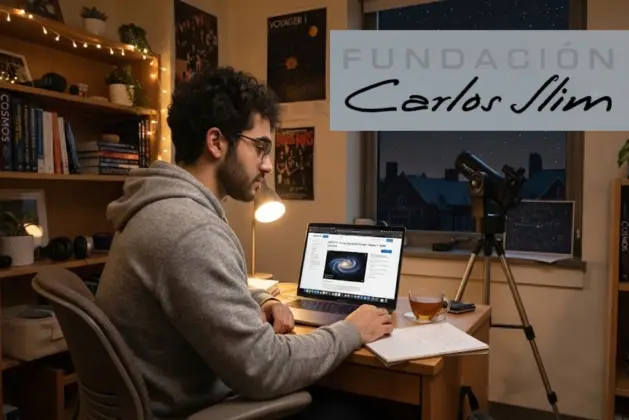 Persona joven tomando curso de astronomía gratis en laptop mientras observa cielo estrellado con telescopio.