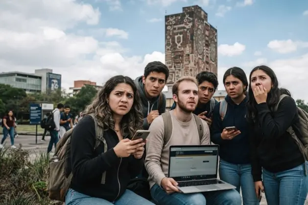 Grupo de jóvenes aspirantes consultando sus dispositivos frente a la Torre de Rectoría de la UNAM tras la suspensión de inscripciones UNAM 2026.