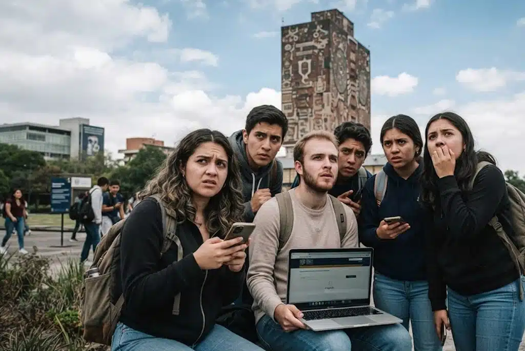 Grupo de jóvenes aspirantes consultando sus dispositivos frente a la Torre de Rectoría de la UNAM tras la suspensión de inscripciones UNAM 2026.