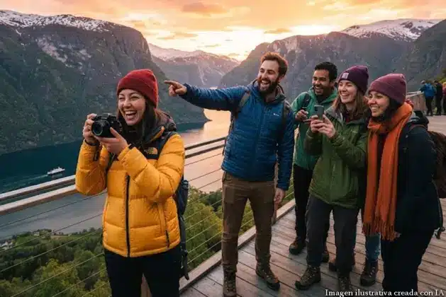 Viajeros jóvenes observando la aurora boreal en el cielo nocturno de Noruega, rodeados de montañas nevadas, representando datos curiosos de Noruega.