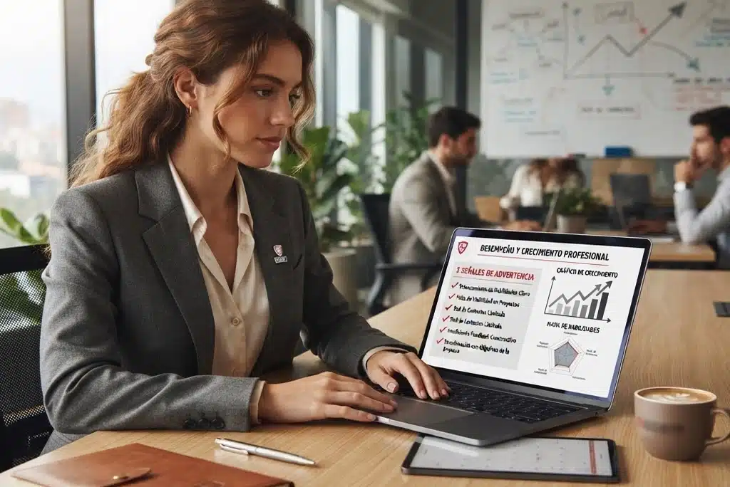 Joven profesional revisando una lista de 5 señales en su laptop, con gráficos de crecimiento profesional y herramientas digitales, reflejando la importancia de la actualización constante.