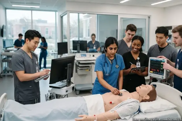 Estudiantes de medicina en una universidad con acreditación COMAEM realizando prácticas de simulación clínica en un laboratorio equipado con tecnología de vanguardia, demostrando la calidad educativa de las universidades con acreditación medicina en México.
