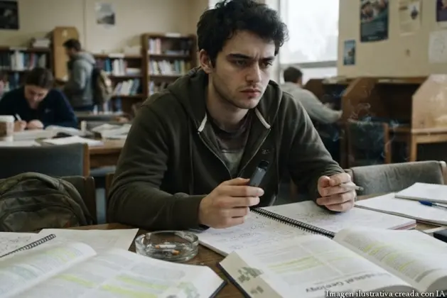 Joven universitario reflexionando sobre los riesgos del vapeo a futuro mientras sostiene un vapeador, imagen realista que contrasta la moda con la advertencia científica.