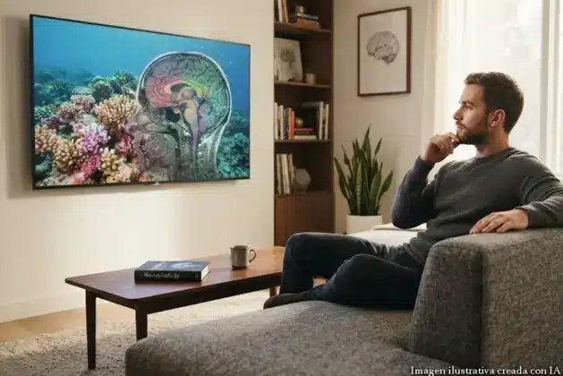 Persona joven sentada frente a un televisor en una habitación moderna, con expresión pensante, sosteniendo un control remoto mientras una resonancia magnética cerebral se superpone sutilmente en la pantalla, representando visualmente el riesgo de Alzheimer asociado al sedentarismo.