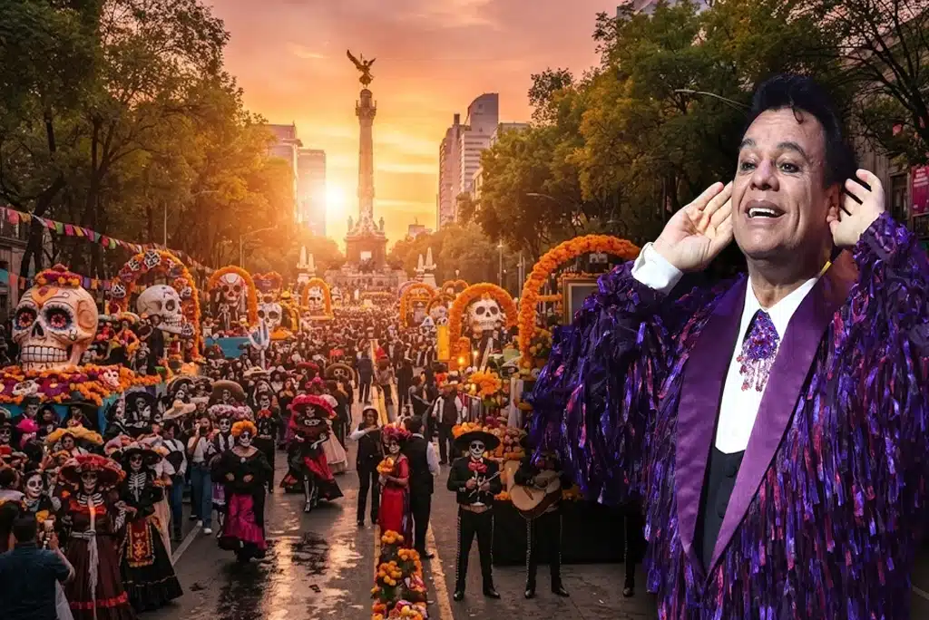 Desfile de Día de Muertos 2026 en la CDMX con carros alegóricos y personajes disfrazados de catrinas, homenaje a Juan Gabriel
