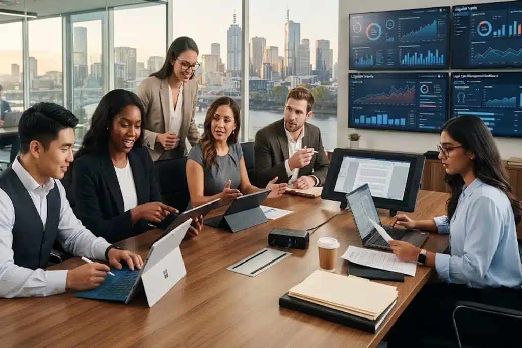 Jóvenes abogados analizando documentos y datos digitales en una oficina moderna, representando las áreas del derecho con futuro vinculadas a la tecnología y la innovación legal.