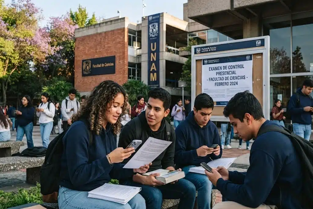 Aspirantes jóvenes consultando las fechas de examen de control UNAM en sus dispositivos móviles mientras esperan en la entrada de una sede universitaria