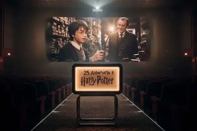 Cartel promocional del reestreno de Harry Potter y la piedra filosofal por el 25 aniversario Harry Potter, mostrando a Harry, Hermione y Ron frente al castillo de Hogwarts con efecto de luz mágica.