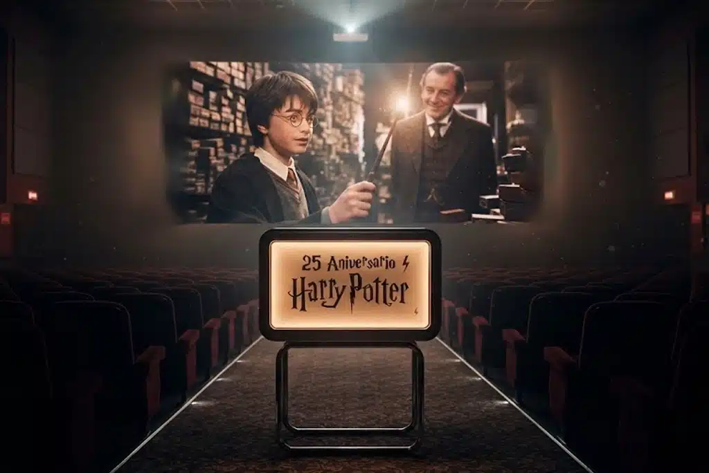 Cartel promocional del reestreno de Harry Potter y la piedra filosofal por el 25 aniversario Harry Potter, mostrando a Harry, Hermione y Ron frente al castillo de Hogwarts con efecto de luz mágica.