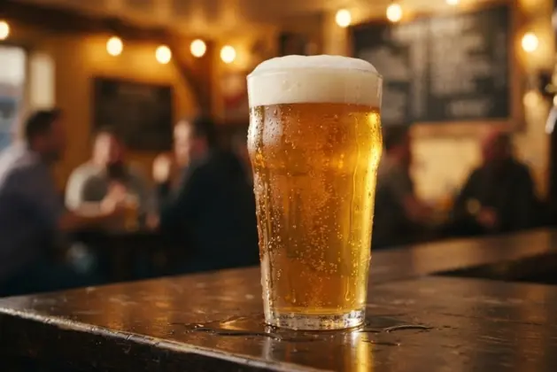Cerveza bien servida en vaso con espuma perfecta, gotas de condensación y temperatura ideal, mostrando el arte del servicio correcto.